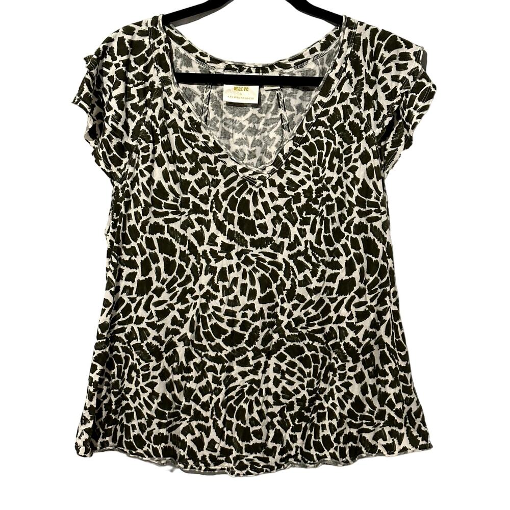 Maeve Anthropologie "Catie" Top In Olive and White Print Women 1X Flutter Sleeve